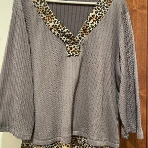 Gray Sweater with Leopard Print Trim
